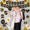 Happy Anniversary Decoration - Black & Gold Banner Set with 18 Balloons, Swirls & Pom Poms (Black, Gold)